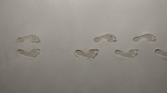 Human footprints on sand representing man walking away from partner leaving trail behind. Conceptual image of breakup, divorce, separation, path forward, isolation, and relationship problems.