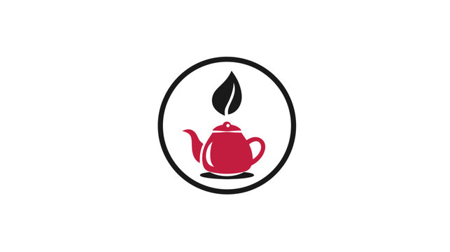 A stylized illustration features a red teapot and black leaf within a black circle on a white background