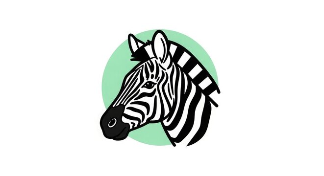 A close-up illustration of a zebra's head facing left with a green circle behind on a white background