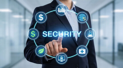 Obraz premium Businessperson taps holographic security interface. Circular icons surround central word 