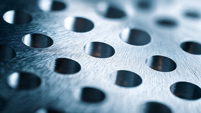 Machined titanium surface macro with circular drilled holes and brushed metallic texture for industrial abstract background