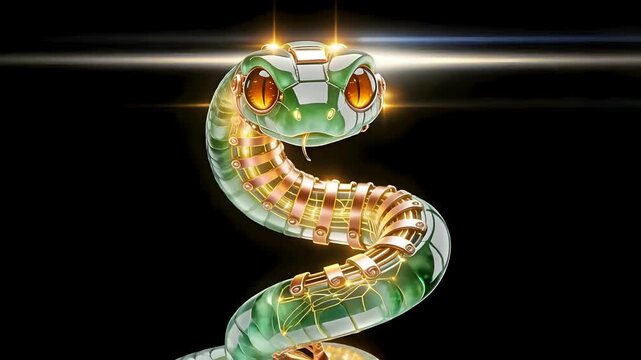AI Circuitry Concept: Rigid 3D Mechanical Snake in Imperial Jade and Copper, High-Speed Data Flow Pulse, Professional VFX Isolated Asset, 4K Stable Render on Black