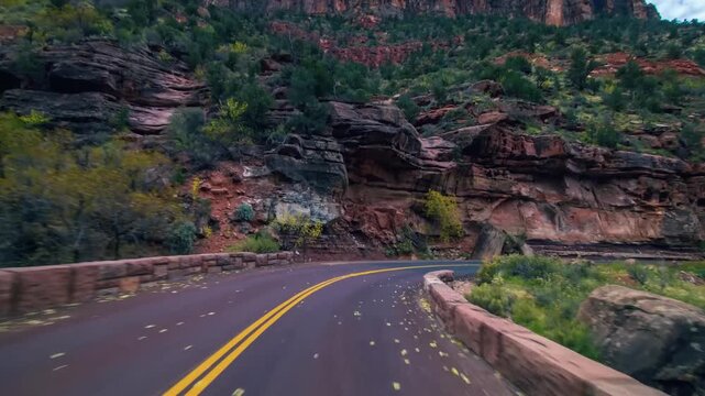 footage of driving along a stunning, empty scenic road in Zion National Park, Utah. The paved road features yellow double lines and is bordered by low, rustic stone walls as it winds through the majes