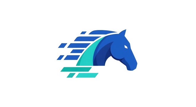 A blue horse head logo with green and blue abstract lines moves swiftly.