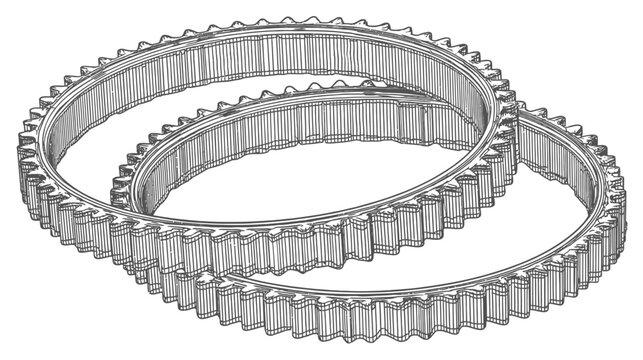Detailed black and white illustration of two interlocked gears, showing intricate teeth and a mechanical design