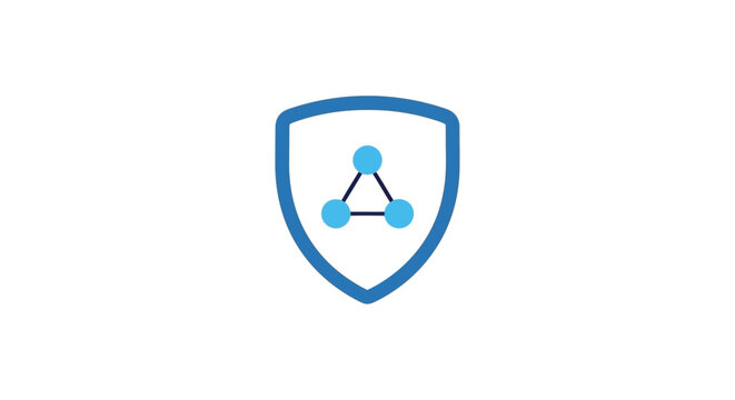 Blue shield with molecular symbol.