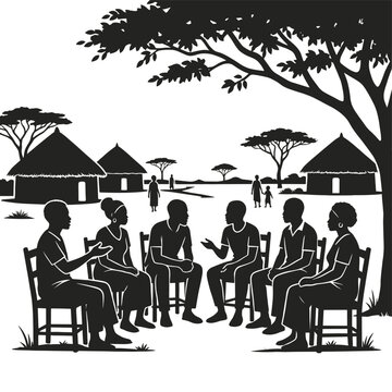Group of people talking while sitting in chairs under a tree  