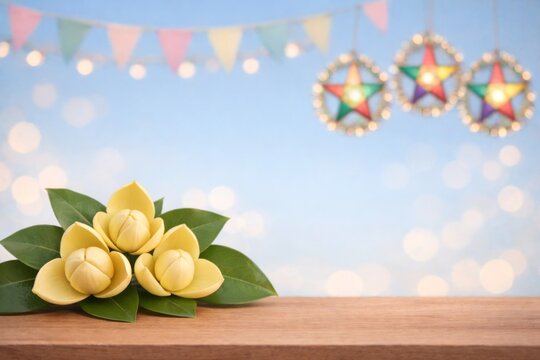 A beautiful Rumduol flower, the national symbol of Cambodia, resting on a wooden surface. Festive background with colorful bunting flags and star lanterns for Khmer New Year celebrations.