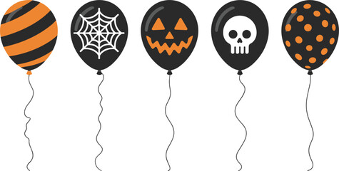 Halloween balloons set, spooky decoration with pumpkin skull spider web patterns festive party design © Billal