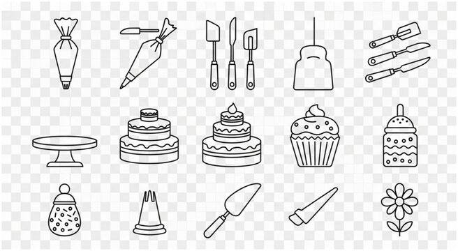 Collection of baking and pastry tools and equipment in line art style.