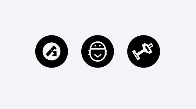 Three minimalist black and white icons in circles, representing tools, person, and weights