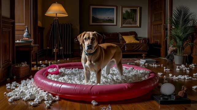 A dog standing in an inflatable pool filled with popcorn