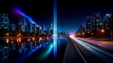 Fototapeta premium A long exposure shot of a city skyline at night