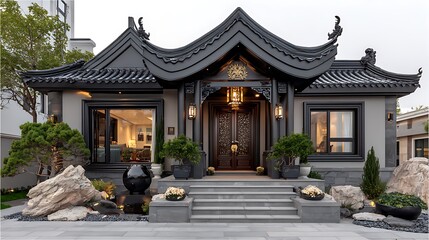 Fototapeta premium Luxury home exterior with chinese design elements high resolution photo