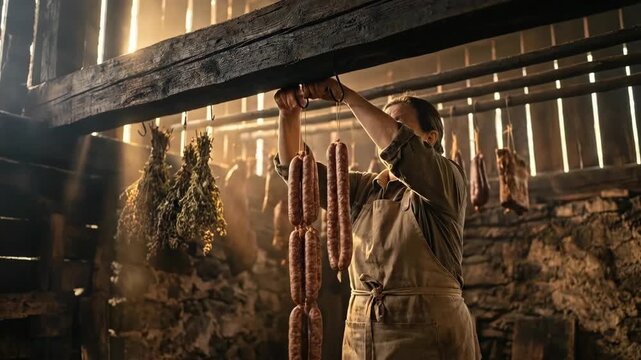 Farmer woman hanging sausages to cure in traditional smokehouse. Rural food preparation, artisan meat processing and farmhouse workshop