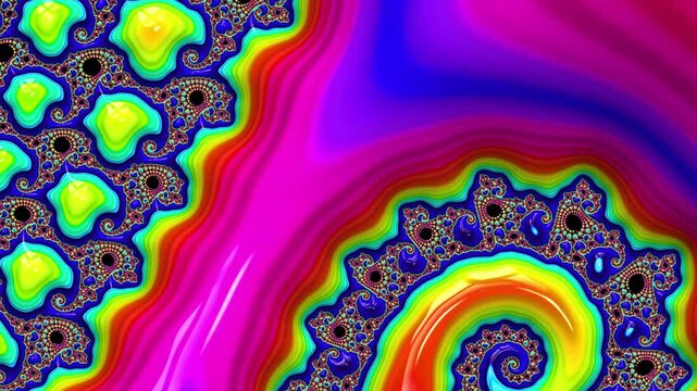 Animation shows colorful movement of fractals and patterns that change shapes and colors in a captivating display over time