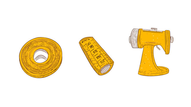 Three yellow objects, stylized with a cartoon aesthetic against white background, one a machine, and two other cylindrical items