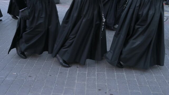 View of costaleros carrying a Holy Week religious float during procession in Sagunto Spain