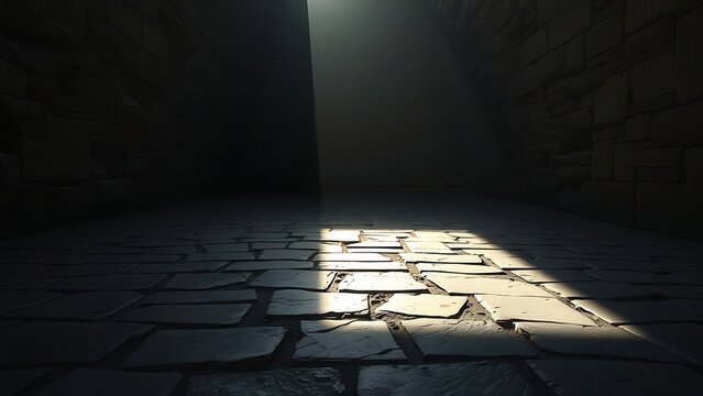 A stark threshold where bright spring sunlight meets deep underground shadow on stone. 