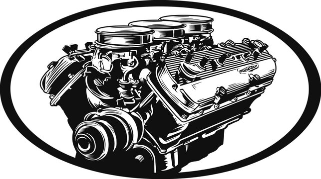 A detailed monochrome illustration of a powerful internal combustion engine, enclosed in oval