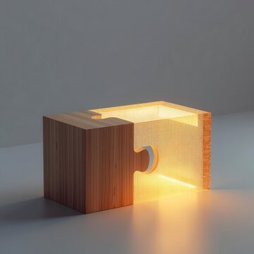 Abstract 3D Wooden Block with Glowing Missing Puzzle Piece Solution