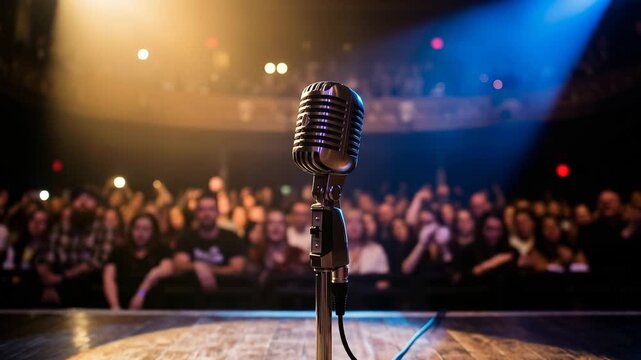 classic metallic microphone stands prominently on dark stage illuminated by warm golden light and vivid blue spotlights with blurred bokeh-lit audience in the background 