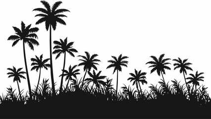 Fototapeta premium A black silhouette of palm trees and grass on a white background, a minimalist vector graphic design