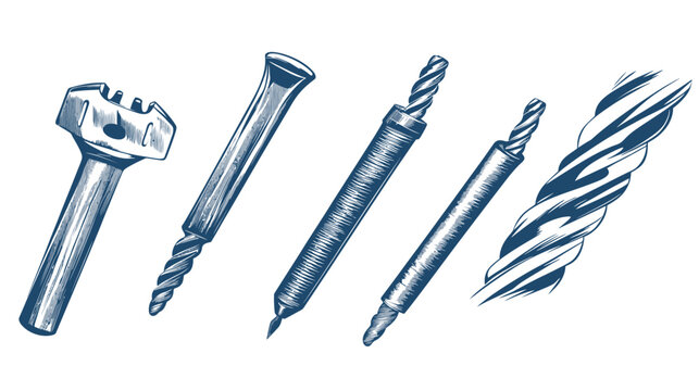 Illustration featuring several different drill bits and twisted rope in a detailed, shaded, sketch style