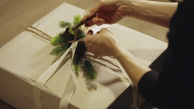 Girl Wrapping Christmas Present, Embellished With Artificial Pine Cones, Sprigs, and Wooden Snowflakes. - closeup shot