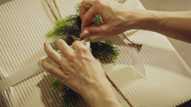 Woman Tied Ribbon On The Christmas Gift With Rustic and Cozy Design. - closeup shot