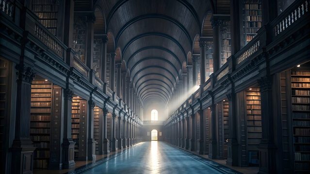 A view of a library shows urban light at the end 