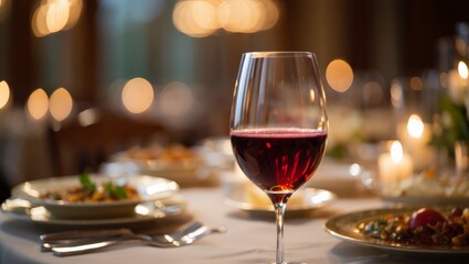Naklejka premium A serene and inviting scene of a wine glass on a dinner table, set against a softly lit background, evoking a sense of luxury and fine dining.