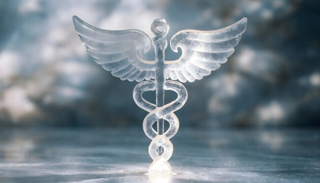 A 3d caduceus medical symbol with wings and snakes isolated on a background represents a professional healthcare icon for pharmacy science and hospital care
