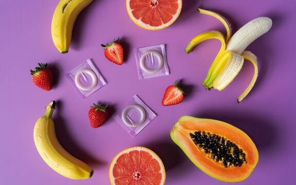 Fresh fruits and condoms arranged on a purple surface for healthy lifestyle promotion