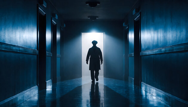 A lone businessman in a suit is seen from the back walking through a dark office corridor toward an open door of light, creating a silhouette concept of success