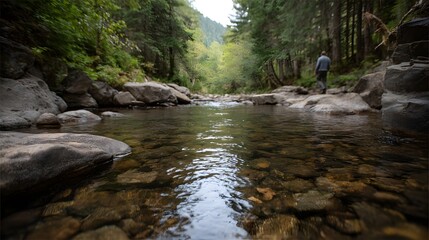 Obraz premium A lone person walks along a clear rocky stream in a lush green forest
