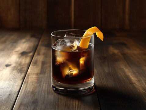 Elegant Carajillo cocktail presented in a chic glass with an orange peel twist garnish, placed on a dark wooden bar counter inspired by Latin American tradition