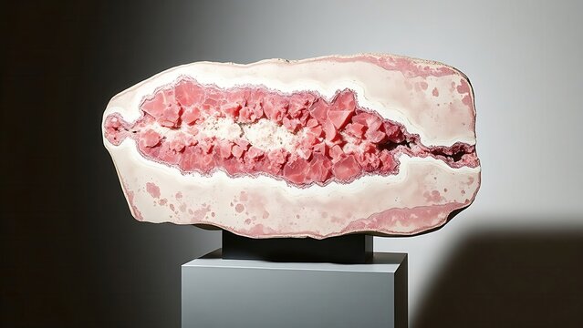  Polished slab of pegmatite rock showing intricate crystal patterns. 