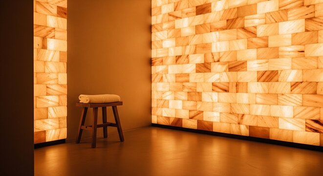 Himalayan salt wall in a spa room with glowing warm LED lighting and wooden stool