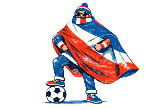 Soccer fan in superhero pose wearing team flag as cape