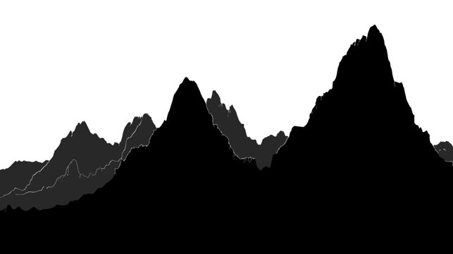 Silhouetted mountain range illustration in shades of gray, contrasting with a stark white background