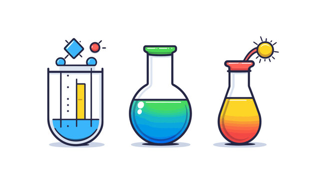 Colorful vector illustration of three laboratory flasks with various liquids and abstract elements