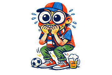 Nervous soccer fan biting nails, watching game with beer and ball