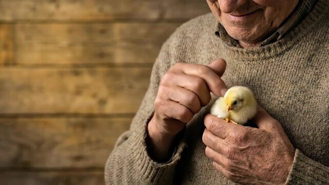 Senior farmer holding small yellow chick in his hands. Elderly man carefully caressing newborn bird on farm. Agriculture lifestyle, animal care concept, rural work in spring, poultry breeding