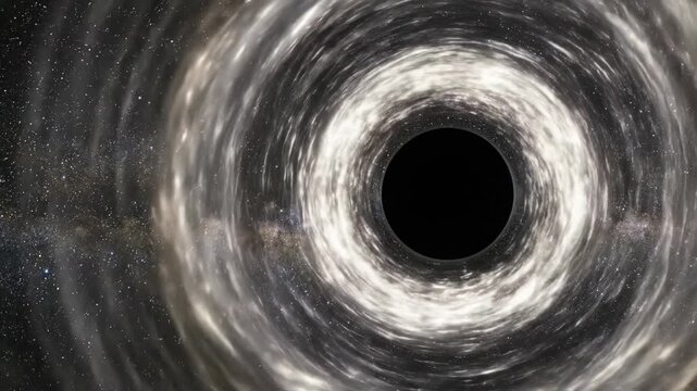 Massive black hole consuming cosmic matter in deep space. Glowing singularity surrounded by an accretion disk. Cinematic simulation of gravitational collapse and astronomical phenomenon in distant