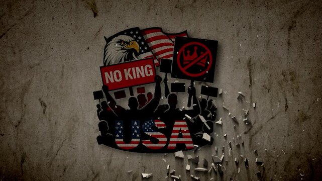 Animation featuring No King USA logo appearing and transforming on a textured wall. The action unfolds in an indoor environment during daylight.