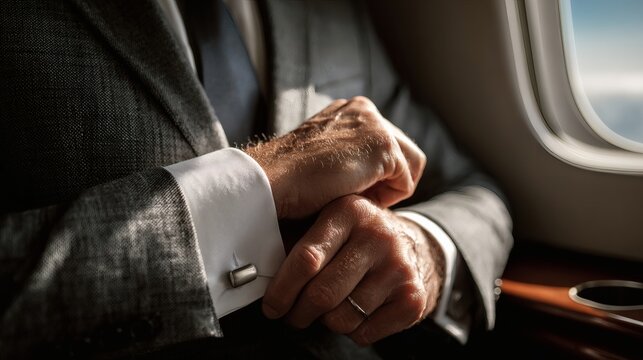 POV close-up of executive hands adjusting a cufflink inside a private jet cabin.