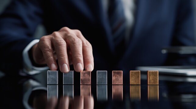 Top-down POV of executive hands arranging geometric metal blocks on a black glass desk.