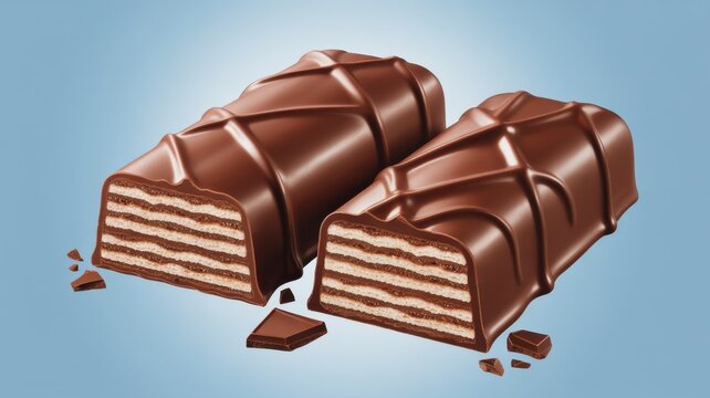 Two chocolate-covered wafer bars with a criss-cross pattern, one cut open to reveal layers, with chocolate pieces on a light blue background.