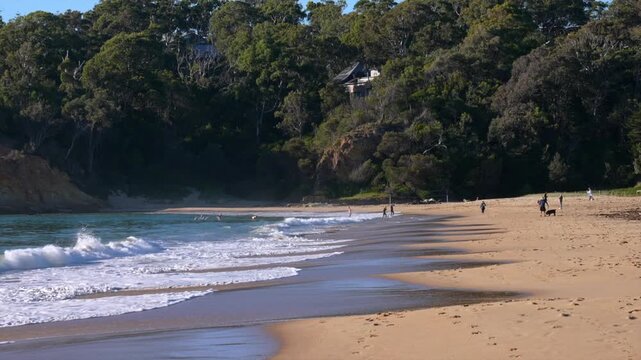 People walking along sandy beach with waves and coastal trees, Tathra, New South Wales, Australia.